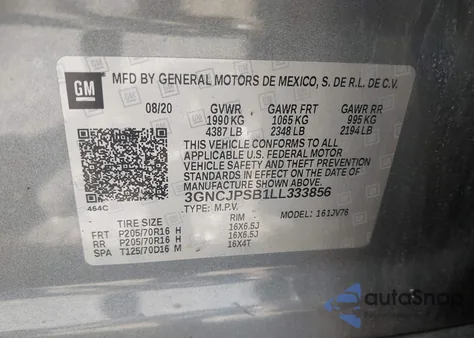 2020 Chevrolet Trax Awd Lt из США, поврежденный, VIN 3GNCJPSB1LL333856